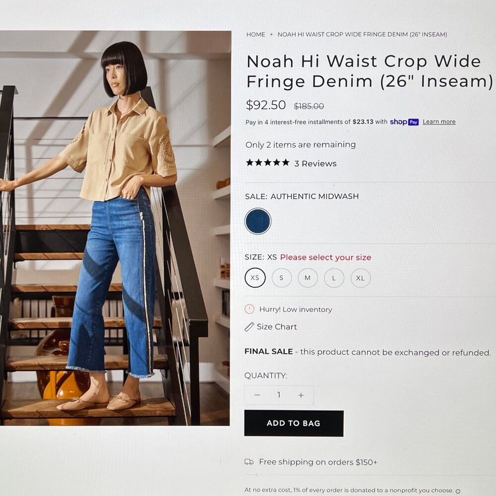 LYSSE Noah Hi Waist Crop Wide Fringe Denim Jeans size M